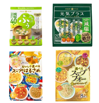 みそ汁ふぅ 減塩〈40食入〉700円、元気プラス 鉄分入りおみそ汁 減塩500円、おいしさ選べるスープはるさめ アメリカスープ紀行420円、選べるスープ＆フォー 黄のアジアンスープ500円