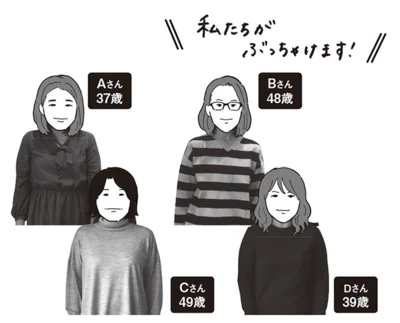 今回ぶっちゃけてくれたのは、この４人…Aさん（37歳）　Bさん（48歳）　Cさん（49歳）　Dさん（39歳）