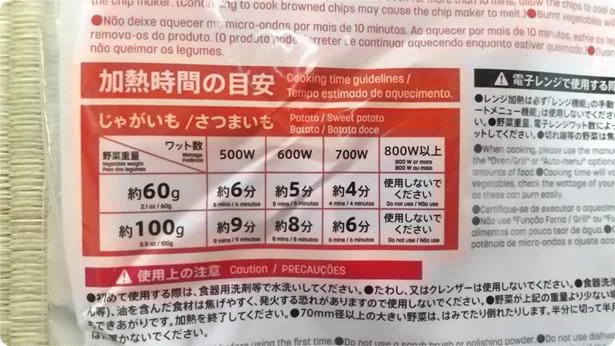 「電子レンジでチップスメーカー」の加熱目安は裏にも書いてあり親切♪