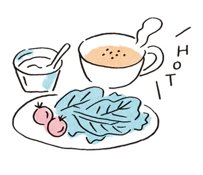 パンとサラダ、ヨーグルトの朝食に、温かいインスタントスープをプラス！