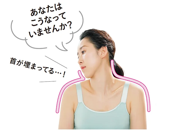 猫背の人は、肩が上がって首が埋もれています。首と肩の境目がなく見えるので、美しくないですよ!
