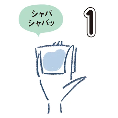 コットンに五百円玉硬貨大くらい、たっぷりクレンジングウォーターを含ませ、中指と薬指の上に置き、人さし指と小指で挟みます。