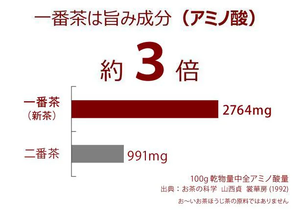 一番茶のうまみ成分(アミノ酸)は、6月頃に摘み取る二番茶の約3倍