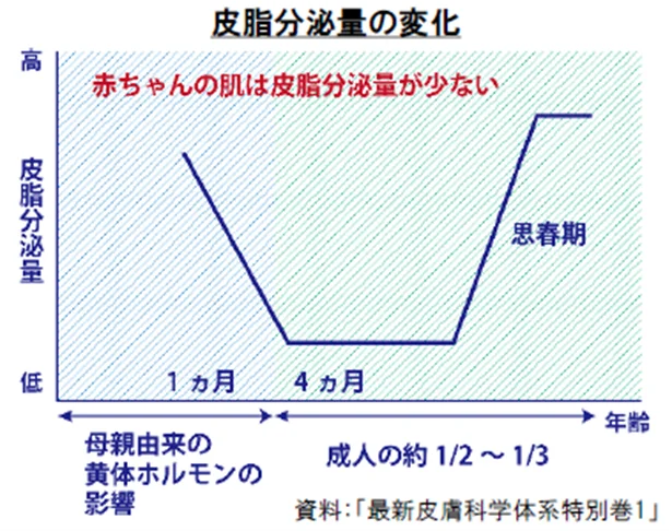 生後2～3カ月を過ぎると次第に皮脂量が減少