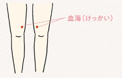 【血海（けっかい）】ひざの内側のお皿から指3本分上にあるツボ。血行を促進させる働きがあり、指でゆっくり押すと体が温まります。