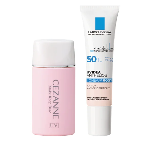 右▷UVイデア XL プロテクショントーンアップローズ SPF50＋・PA＋＋＋＋30ml ￥3,400／ラ ロッシュ ポゼ　左▷セザンヌ 皮脂テカリ防止下地 ピンクベージュ SPF28・PA＋＋ 30ml ￥600／セザンヌ化粧品