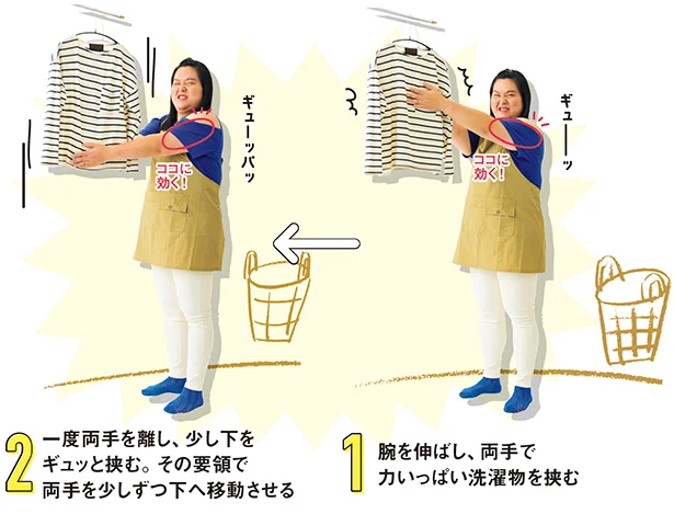 1▶︎腕を伸ばし、両手で力いっぱい洗濯物を挟む。2▶︎一度両手を離し、少し下をギュッと挟む。その要領で両手を少しずつ下へ移動させる。