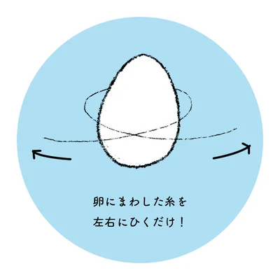 「卵は糸で切っています！糸で卵の真ん中をくるりと巻いて糸を交差させて、両側に引きます。トロトロの半熟の場合は黄身が流れるので注意して切ってくださいね。」（井原さん）