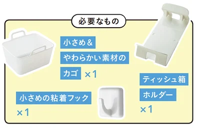 【必要なもの】・小さめ＆やわらかい素材のカゴ　×１・小さめの粘着フック　×１・ティッシュ箱ホルダー　×１