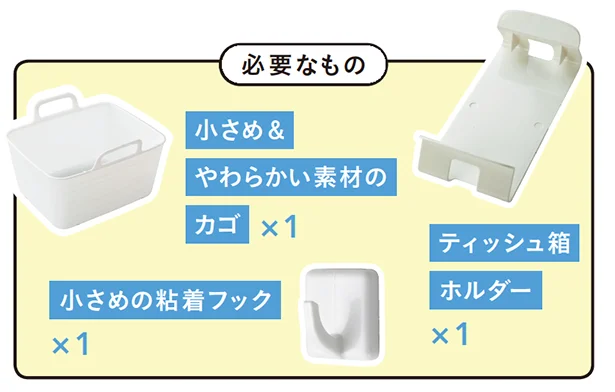 【必要なもの】・小さめ&やわらかい素材のカゴ ×1・小さめの粘着フック ×1・ティッシュ箱ホルダー ×1