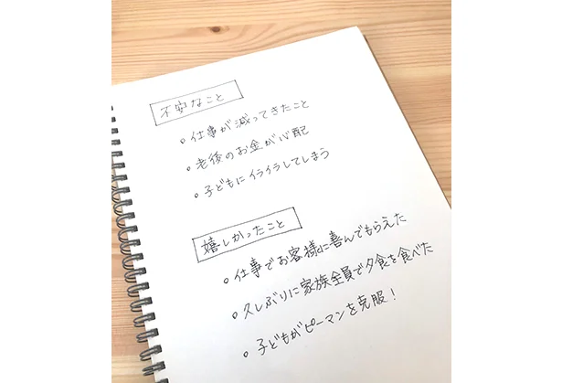 「朝起きてすぐ『不安に思っていること』を、夜寝る前には『きょう嬉しかったこと』をノートに書き、定期的に読み返しています。」と中山さん。