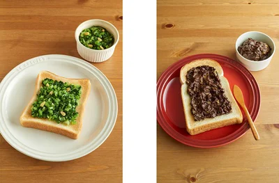 「小松菜のペペロンチーノ風トースト」（写真左）＆「アボカドのチョコトースト」（写真右）