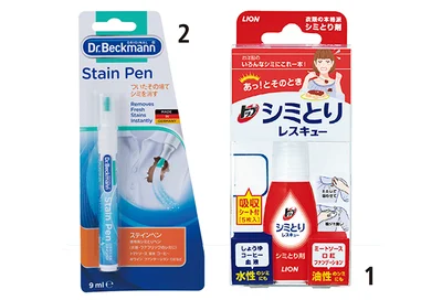 １▷ウールなど水洗いできない服にも対応。トップ シミとりレスキュー 17ml ￥300（編集部調べ）／ライオン２▷ペンタイプで携帯に便利。ドクターベックマン 衣類のシミ修正ペンステインペン 9ml ￥550／エコンフォートハウス