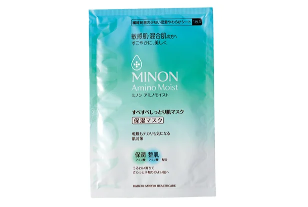 ミノン アミノモイスト すべすべしっとり肌マスク22ml×4 枚 ￥1,320（編集部調べ）／第一三共ヘルスケアとろりとしたジェル美容液で集中ケアし、肌の潤いバランスを調整。