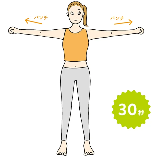 2▷息を吐きながら、手のひらが下を向くように両腕を内側にひねって、力強くひじを伸ばしてパンチ。1に戻り、30秒繰り返す。