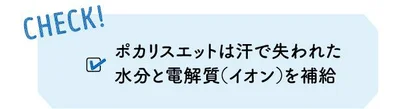 CHECK! ポカリスエットは汗で失われた水分と電解質（イオン）を補給