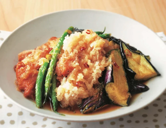 唐揚げ＆素揚げでボリューム満点「揚げなすと鶏肉のおろし寄せ」