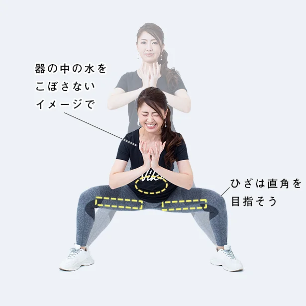 2▷ひざを外に曲げお尻をまっすぐ落とす
