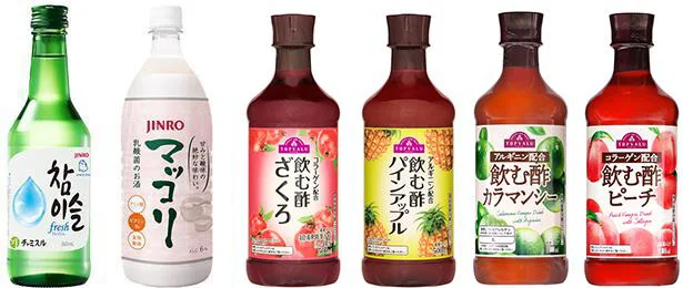 チャミスルフレッシュ/JINROマッコリ/トップバリュ飲む酢ざくろ・パインアップル・カラマンシー・ピーチ