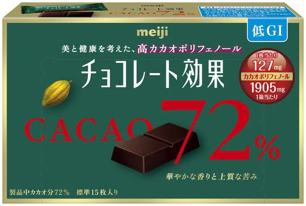 「チョコレート効果カカオ72％」。1枚に含まれているカカオポリフェノールは127mg