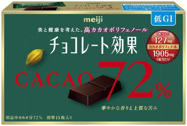 「チョコレート効果カカオ72%」。1枚に含まれているカカオポリフェノールは127mg