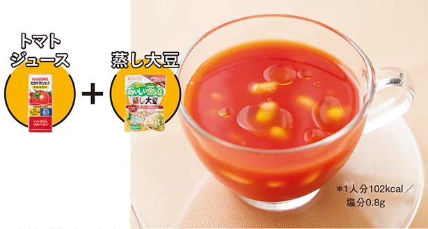 蒸し大豆の冷製トマトスープ〜トマトジュース&蒸し大豆で。刻んだきゅうりや玉ねぎを加えても〜