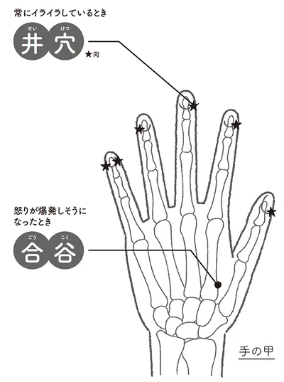 常にイライラしているとき▷井穴（せいけつ）怒りが爆発しそうになったとき▷合谷（ごうこく）