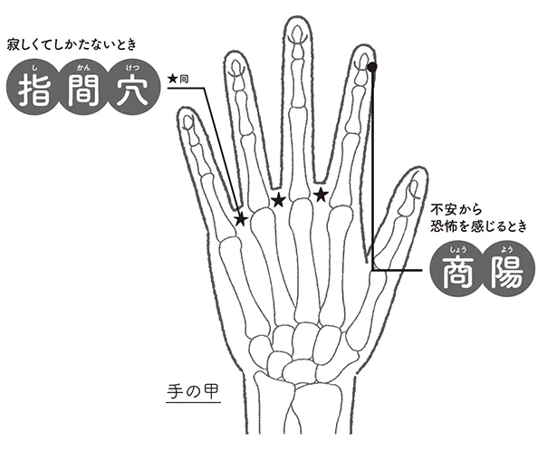 寂しくてしかたないとき▷指間穴（しかんけつ）不安から恐怖を感じるとき▷商陽（しょうよう）