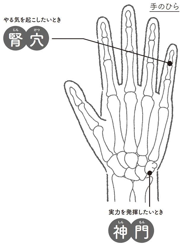 やる気を起こしたいとき▷腎穴(じんけつ)実力を発揮したいとき▷神門(しんもん)