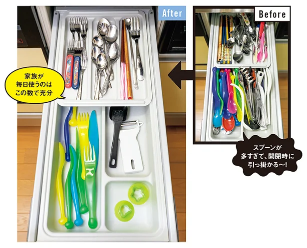 A:カトラリーの引き出し▷家族が毎日使う分量だけをここに