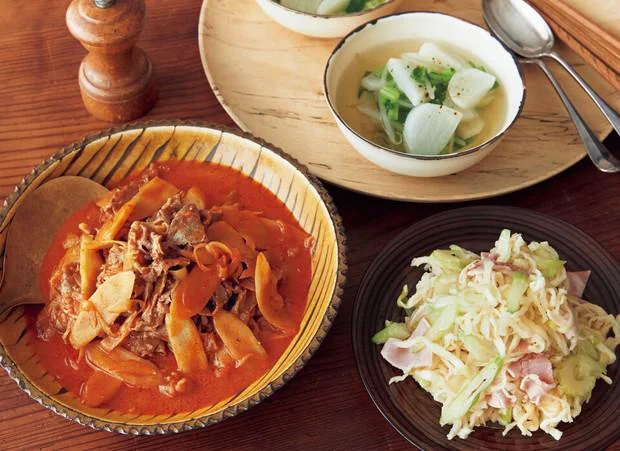 いつもの食材は洋の献立にもイケた！ 牛乳でまろやかにまとめた「牛肉とごぼうのトマトクリーム煮」の献立