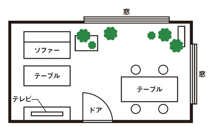 こちらのリビングには窓が2つありますが、部屋の中で最もよく光が入る窓際が特等席。植物にとって心地いい場所となります。