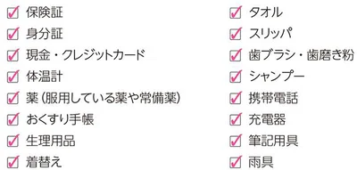 宿泊療養の際に用意したほうがよいもののリスト