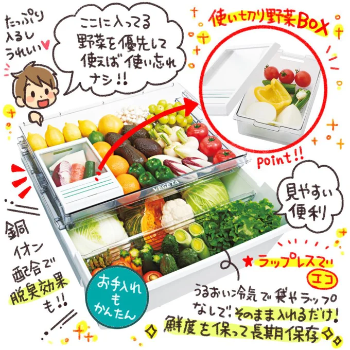 奥まで見やすい野菜室。新搭載の「使い切り野菜BOX」で便利さUP