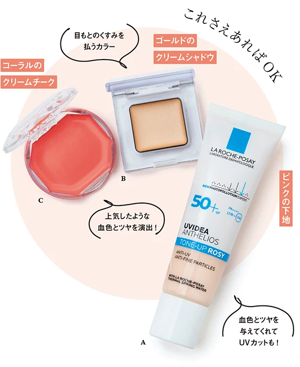 A.UVイデア XL プロテクション トーンアップ ローズ SPF50+・PA++++ 30 ml ￥3,740 ／ラ ロッシュ ポゼB.ミネラルアイ バーム シャンパンアイボリー ￥2,750／エトヴォスC.キャン メイク クリームチーク 07 ￥638／井田ラボラトリーズ