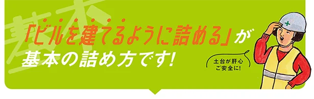 重くて安定したものを土台にしたら、後はなるべく水平に、層を重ねるように商品を積み上げて。お手本はビルの建設です。