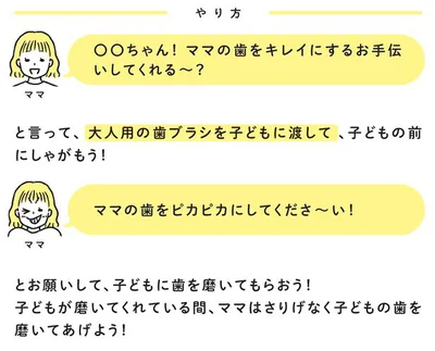 向かい合って座って… 。ママの歯をピカピカにお願いします！