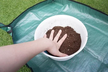 植木鉢に「花の土」を鉢の3分の2ほど入れて、手で押さえます