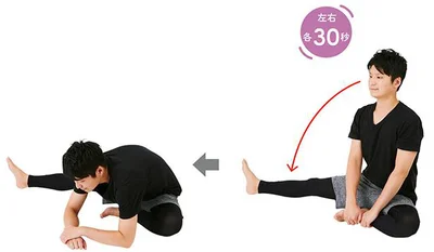 前に伸ばしていた足を横にし、前屈