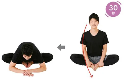 あぐらをかいた状態から、両足の裏を合わせて前屈