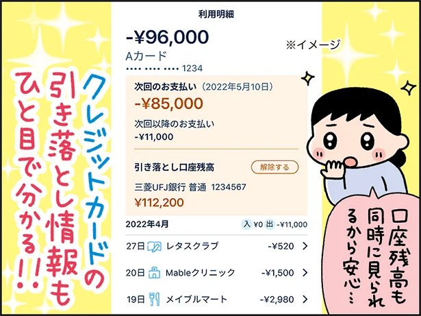 クレジットカードの引き落とし情報もひと目で分かる！！