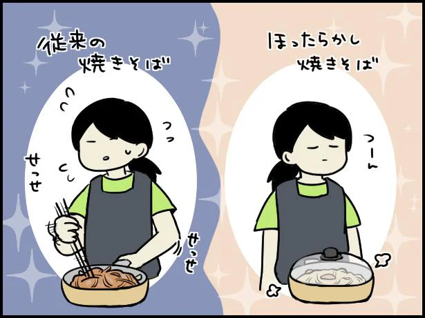 焼きそば作りの肝である「炒め」を「蒸し焼き」に置き換えているので、フライパンに入れてからはほったらかしていいというのが驚き