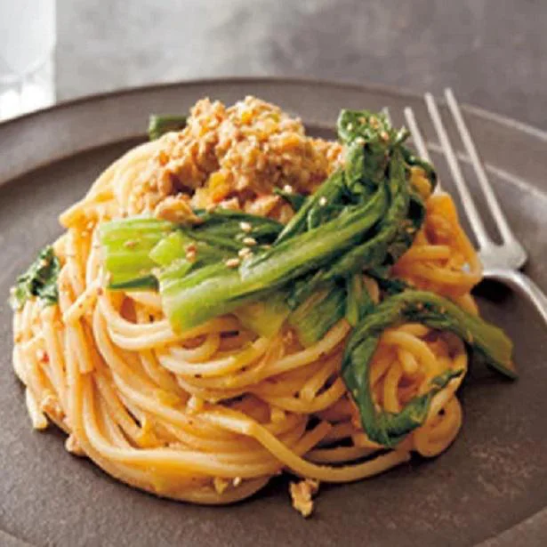 こんなパスタもあり⁉「チンゲンサイの担担スパゲッティ」／担々麺のバリエーションレシピ（11/13）