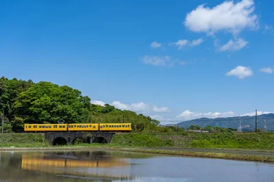 いなべ市のめがね橋を通り過ぎる三岐鉄道北勢線の黄色い軽便鉄道