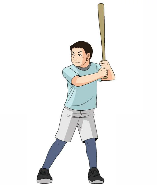 左バッターは左手が上の形でバットを持つ。右バッターなら逆