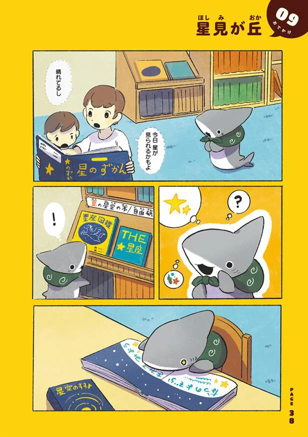見上げた夜空。たくさんの星を前に描くサメ座／おでかけ子ザメ（5