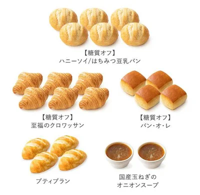 ＜【糖質オフ】ハニーソイ/はちみつ豆乳パン」(2個入り) × 3袋＞＜「【糖質オフ】至福のクロワッサン」(2個入り) × 3袋＞＜「【糖質オフ】パン・オ・レ」(4個入り) × 1袋＞、糖質控えめの食事パン＜「プティブラン」(4個入り) × 1袋＞の計20個の冷凍パンに、＜「国産玉ねぎのオニオンスープ」×2袋＞を加えた、「Pan&糖質オフ」初心者さんにおすすめのセット。