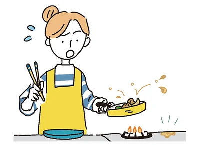 コンロまわりの油はねは、調理中に台ふきんでこまめに拭くことはせず、調理が終わったタイミングで一気に拭き掃除を。