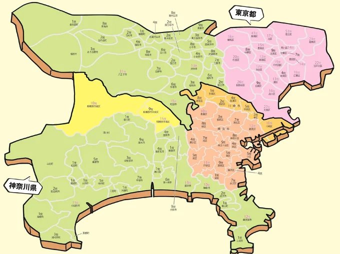 東京都と神奈川県の一般病院数データマップ