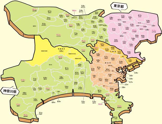 東京都と神奈川県の一人当たりの公園面積データマップ